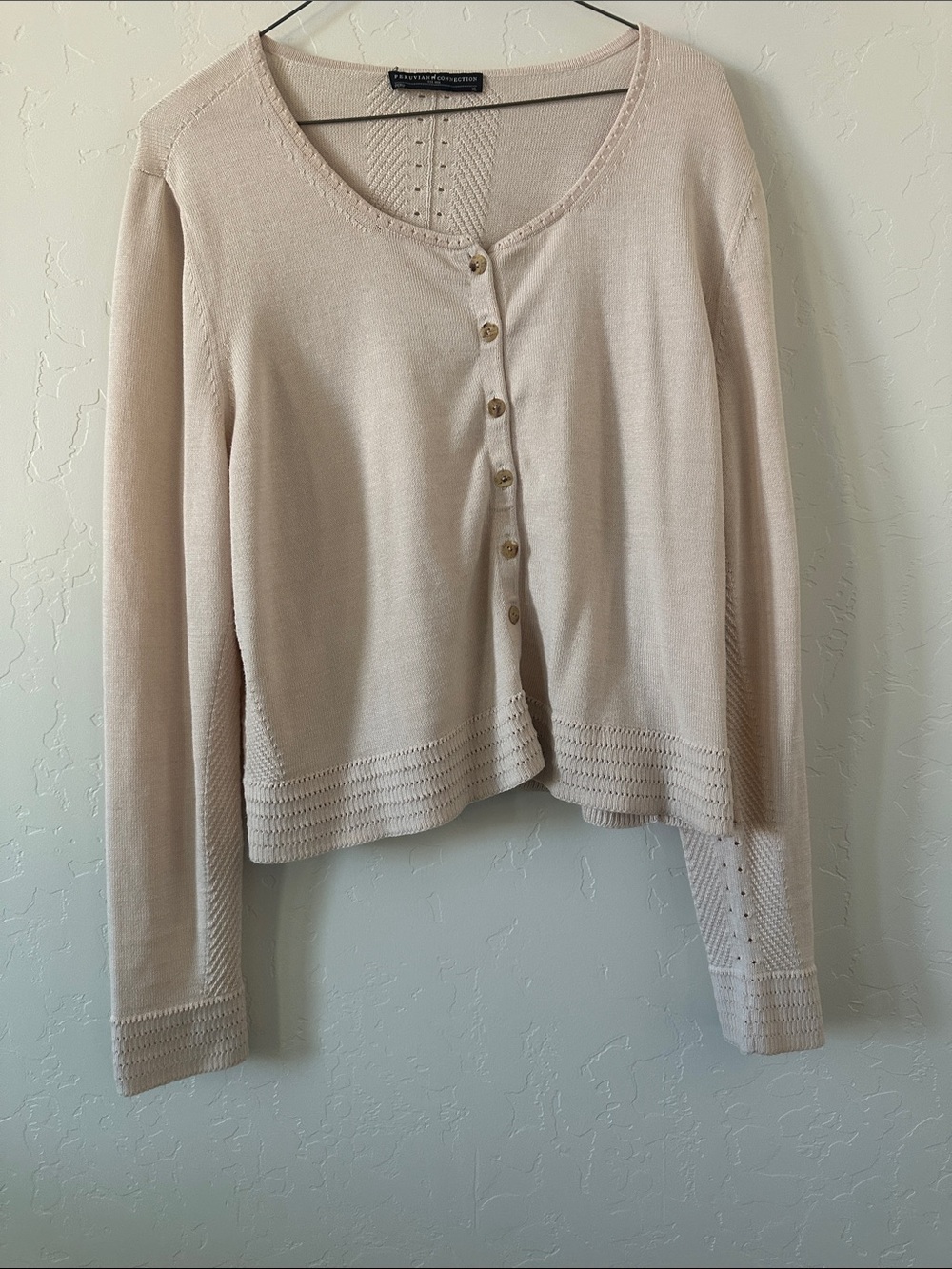 Peruvian Connection Soft Beige Button-Front Knit Cardigan